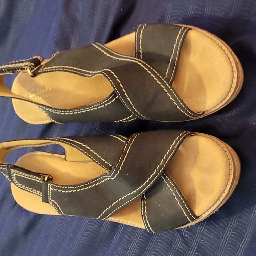 Clark's Cork Wedge Navy Suede Adjustable Upper
